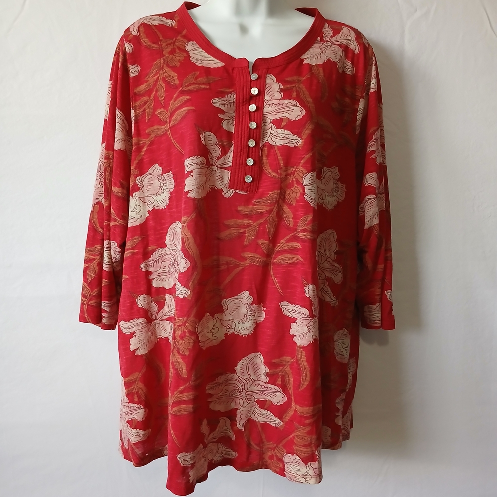 Lucky Brand Red Tan Floral Tunic 1/4 Button Sz 2X Cottage Casual Everyday Office